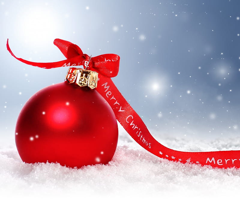 christmas ball, ball, christmas, merry christmas, red, snow, winter, HD wallpaper