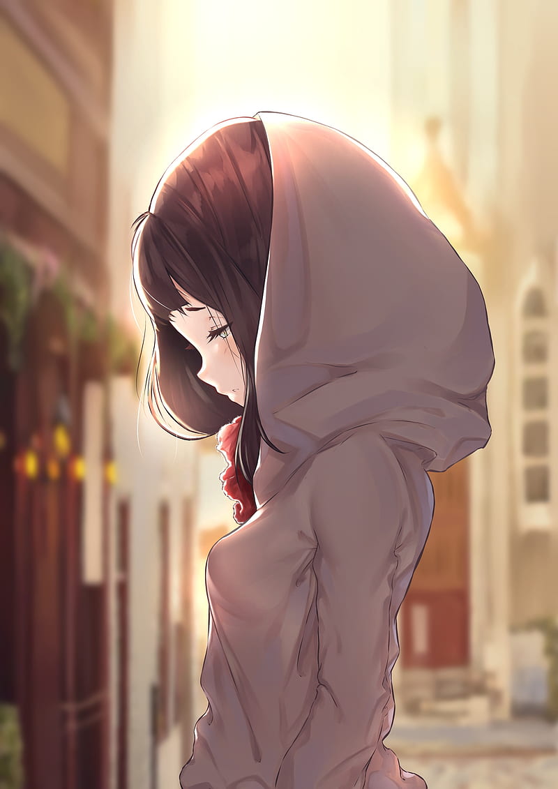 Anime girl, hoodie, closed eyes, brown hair, Anime, HD phone wallpaper |  Peakpx