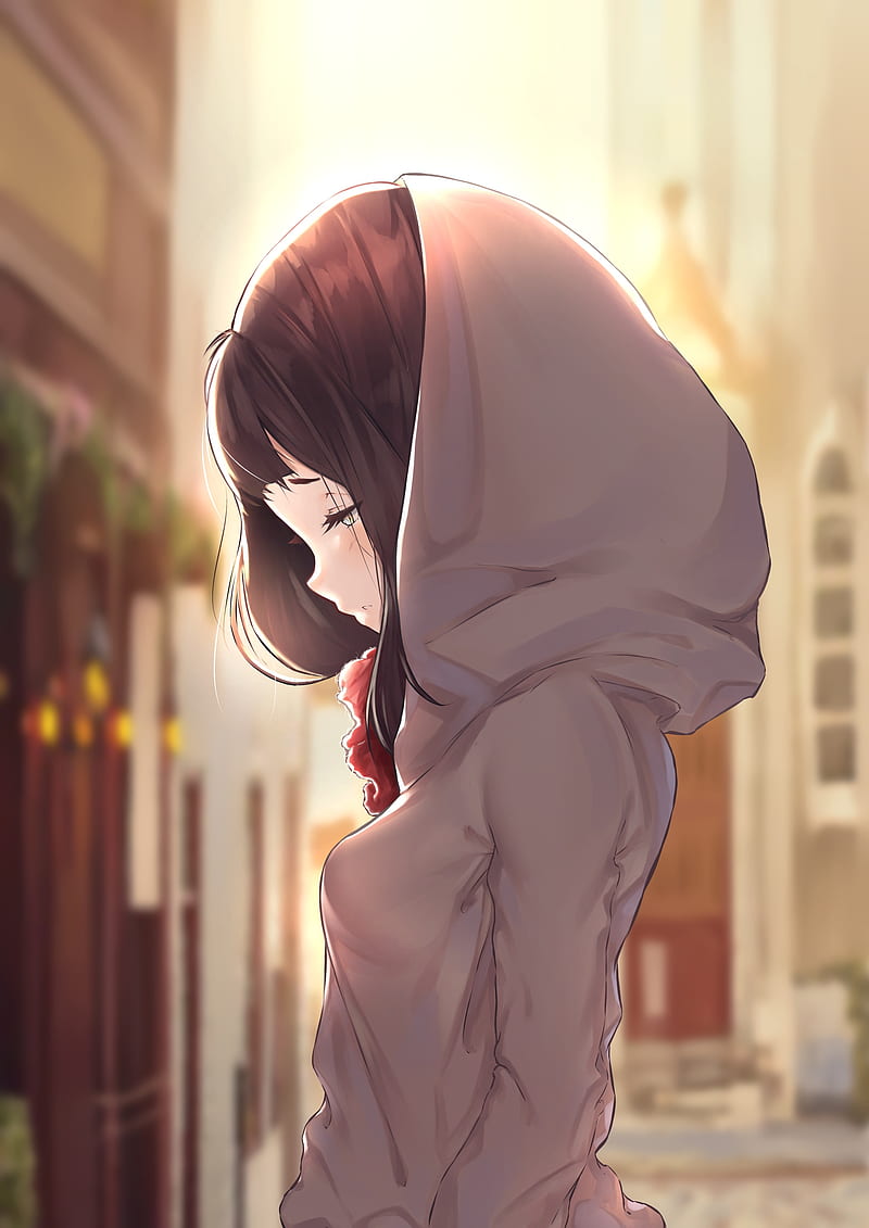 anime girl, hoodie, closed eyes, brown hair, Anime, HD phone wallpaper