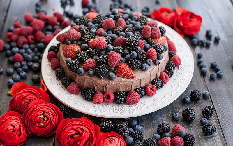Cake, food, cream, cherry, HD wallpaper