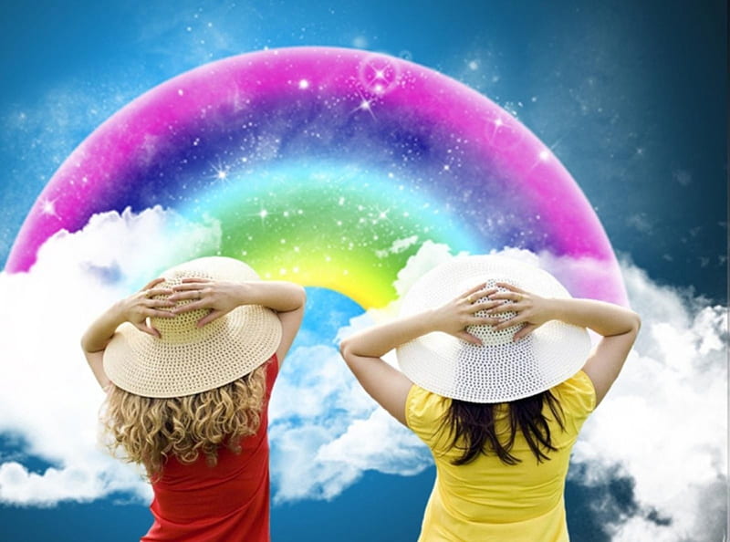Friend girls, cloud, girl, people, rainbow, collage, hat, HD wallpaper