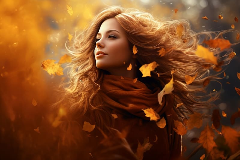 Autumn portrait, beke, okker, levelek, lany, lehullo levelek, narancssarga, orom, hosszu haj, szel, harmonia, osz, sal, HD wallpaper