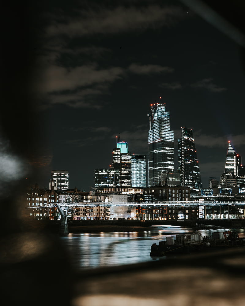 night city, buildings, lights, bridge, river, dark, HD phone wallpaper