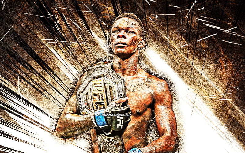 Israel Adesanya, grunge art, New Zealand fighters, MMA, UFC, brown abstract rays, Mixed martial arts, UFC fighters, MMA fighters, HD wallpaper