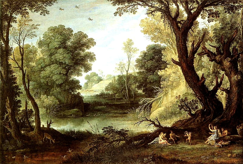 Landscape with Nymphs and Satyrs, forest, satyrs, painting, famous, painter, nymphs, landscape, HD wallpaper