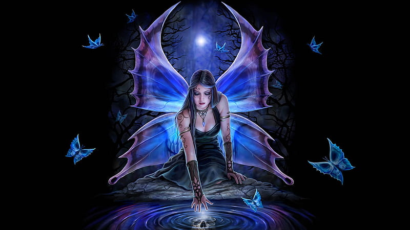 Gothic Fairy, pretty, art, wings, black, bonito, butterflies, woman, fantasy, nice, moon, girl, gothic, digital, reflection, blue, HD wallpaper