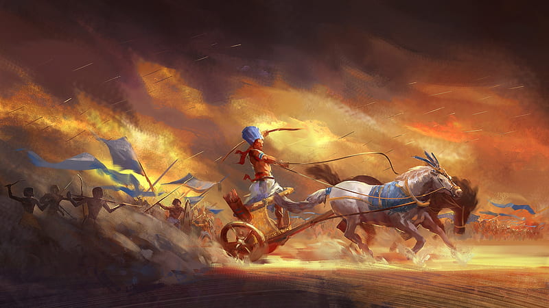 War chariot, fantasy, chariot, golden, nour el deen ehab, dust, man, horse, art, guerra, luminos, HD wallpaper