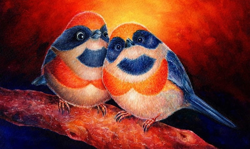 Lets promise to watch every sunset together, art, thevisualilliterate, fantasy, bird, orange, pasare, couple, blue, HD wallpaper