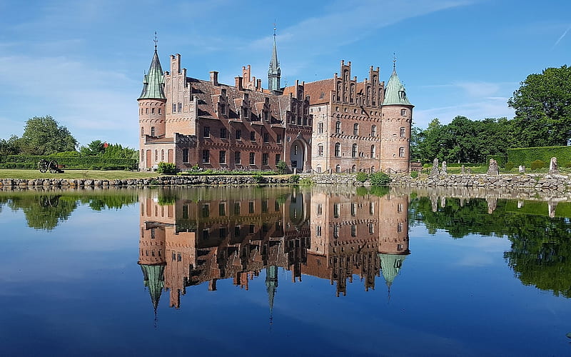 Castle in Denmark, Denmark, water, moat, reflection, castle, HD wallpaper