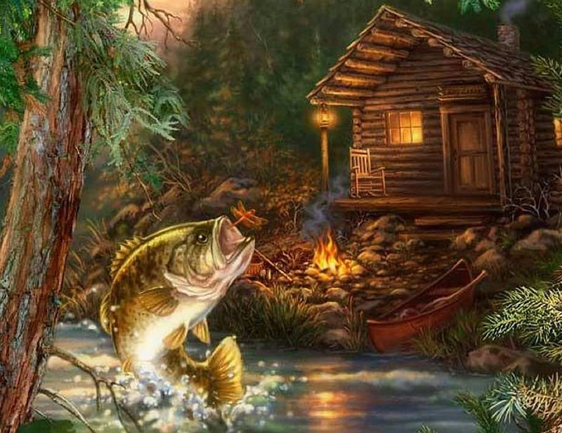 Gone Fishing, fish, love four seasons, canoe, attractions in dreams, fire, paintings, summer, nature, forests, cabins, rivers, fishing, HD wallpaper