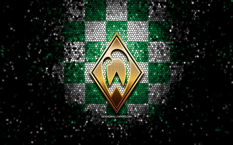Werder Bremen FC, glitter logo, Bundesliga, green white checkered background, soccer, SV Werder Bremen, german football club, Werder Bremen logo, mosaic art, football, Germany, HD wallpaper