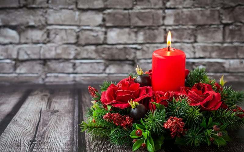 Merry Christmas!, red, candle, deco, craciun, christmas, rose, card, green, gris, flower, HD wallpaper