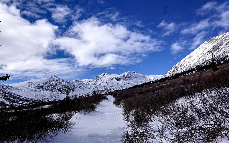 Untracked Snow on the Wheeler Lake Trail, Colorado, Mountains, clouds, sky, usa, HD wallpaper