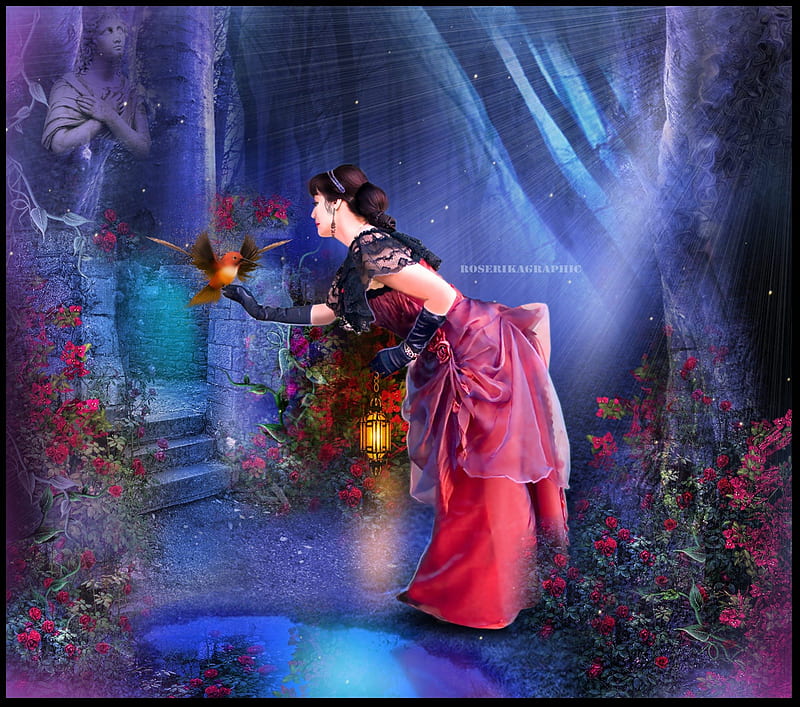 Le Bois des Bougainvilliers, small pond, lantern, stairs, softness beauty, attractions in dreams, hummingbird, digital art, fantasy, manipulation, light, beautiful girl, forest, model, scuplture, love four seasons, creative pre-made, roses, pink roses, tree, lady, HD wallpaper