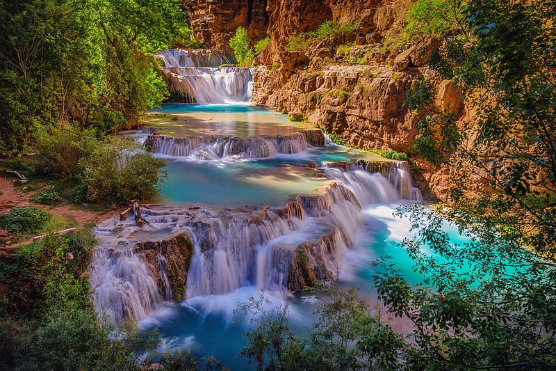 Havasu falls, cascades, exotic, waterfall, bonito, grand canyon, rocks, fall, forest, creek, national park, HD wallpaper