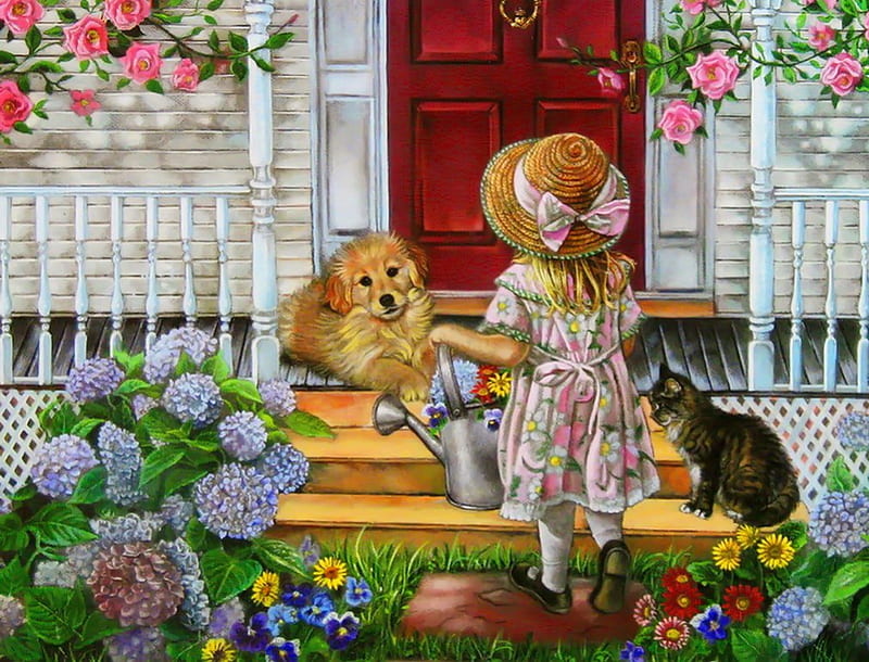 Home, sweet home!, pretty, house, grass, home, bonito, sweet, kid, nice, painting, flowers, child, friends, animals, dog, puppy, art, cozy, lovely, spring, roses, cat, girl, lady, HD wallpaper