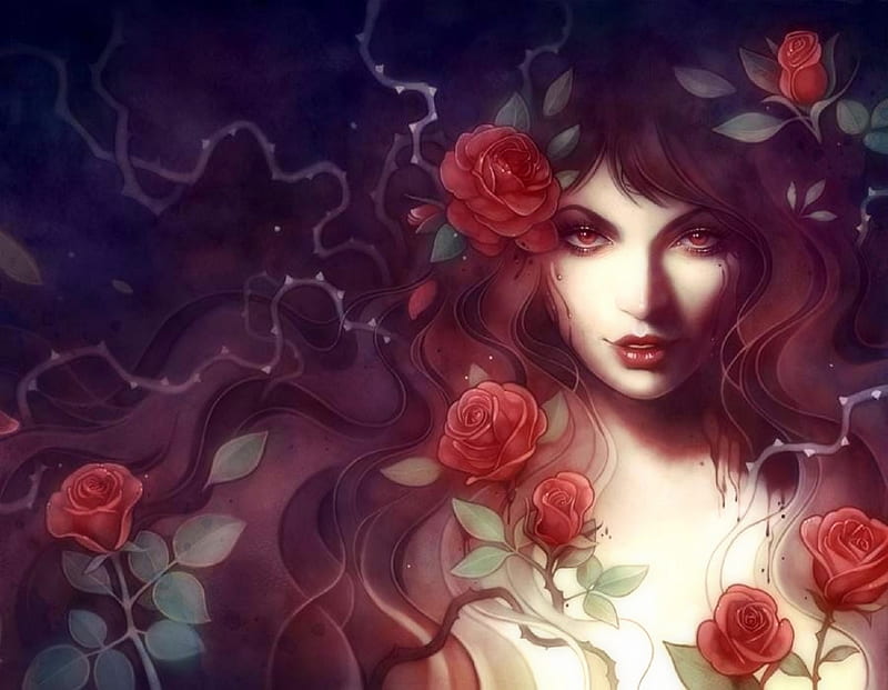 Lady of Red Roses, red roses, portraits, love four seasons, spring, roses, digital art, woman, fantasy, paintings, people, weird things people wear, summer, lady, drawings, HD wallpaper