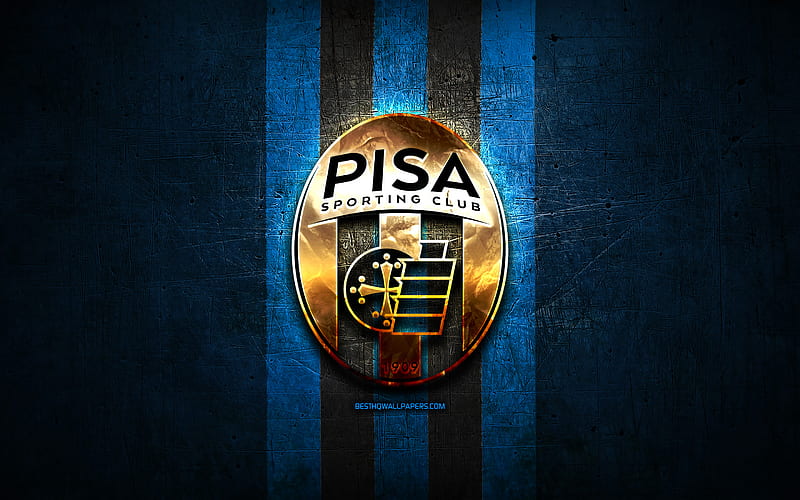 Pisa FC, golden logo, Serie B, blue metal background, football, Pisa SC, italian football club, Pisa SC logo, soccer, Italy, HD wallpaper
