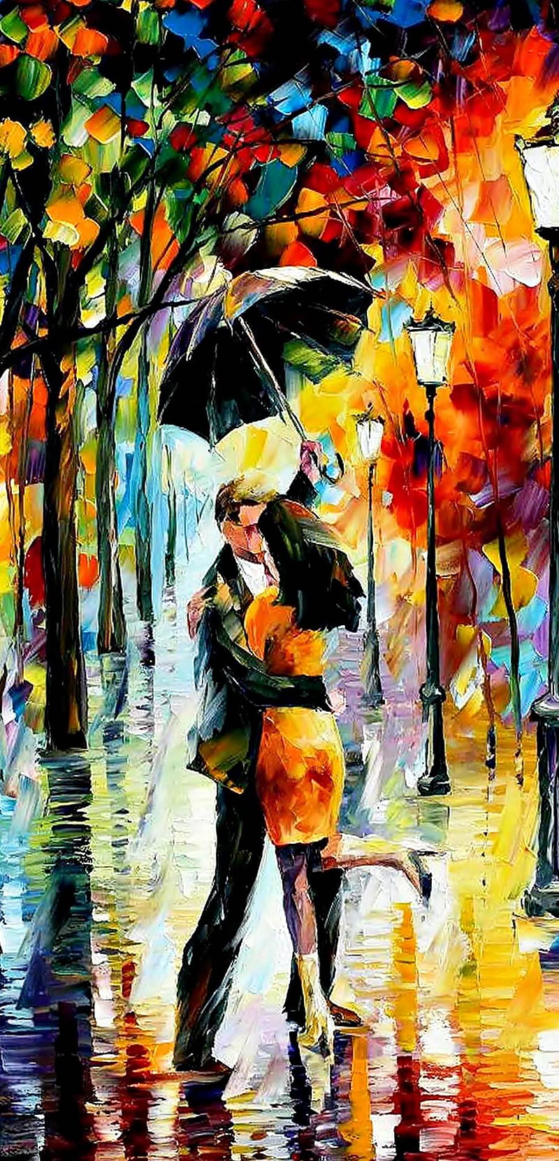 Love Under The Rain, painting, moon, paint, art, street, HD phone wallpaper