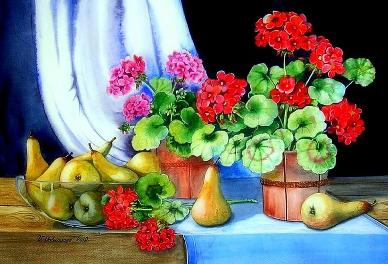 'Pears and Geranium', pretty, colorful, draw and paint, fruits, geranium, bonito, paintings, flowers, butterfly designs, lovely still life, lovely, curtains, colors, love four seasons, creative pre-made, pears, vases, nature, watercolor, HD wallpaper