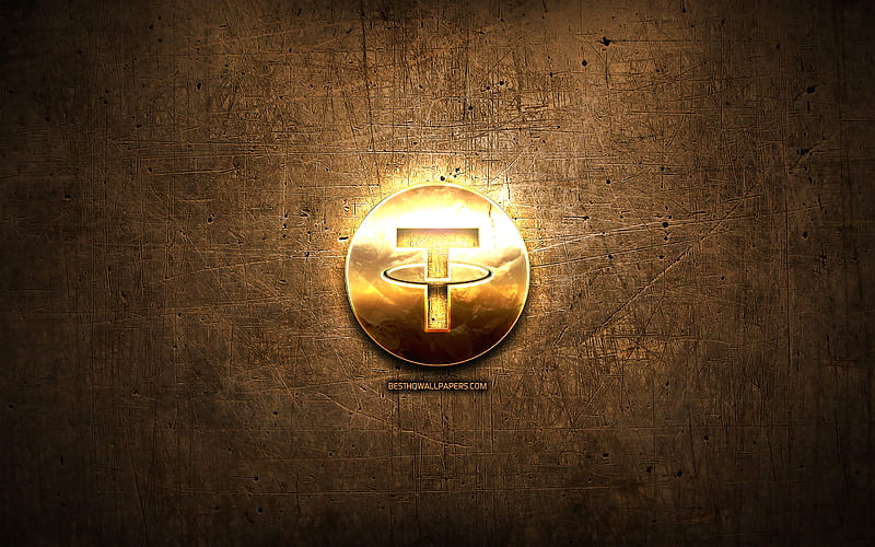 Tether golden logo, cryptocurrency, brown metal background, creative, Tether logo, cryptocurrency signs, Tether, HD wallpaper