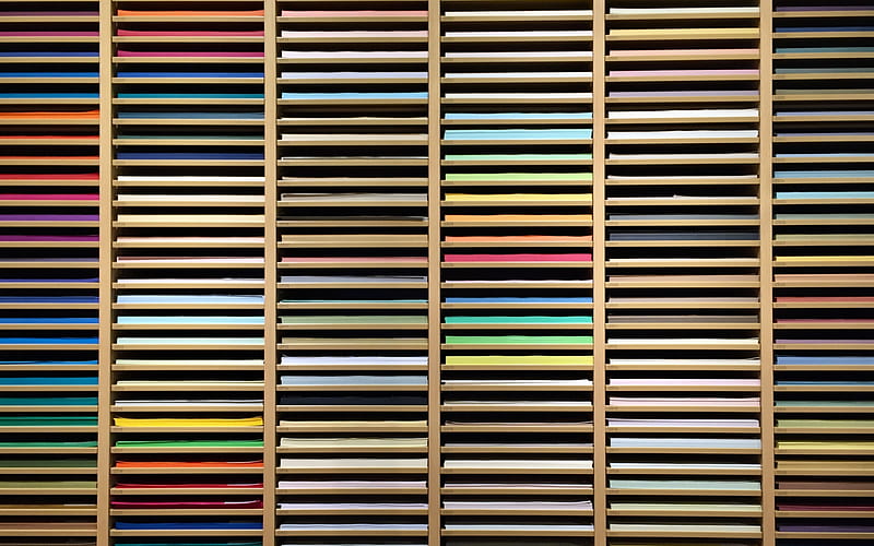 multicolor concepts, shelves with colored paper, color selection concepts, different colors, HD wallpaper