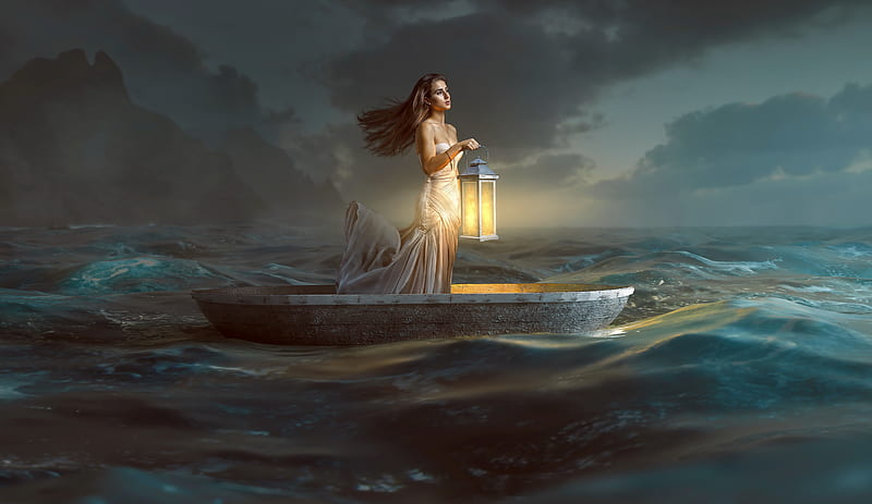 Girl with lantern, boat, girl, lantern, darkness, waves, woman, sea, night, HD wallpaper