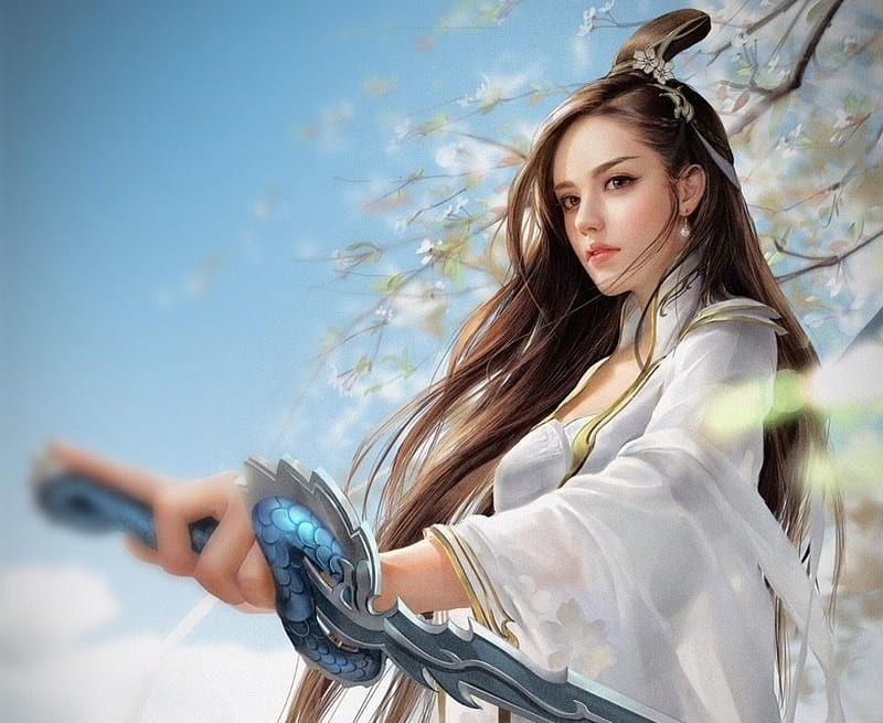 Samurai girl, kimono, white, blue, frumusete, luminos, asain, closeup, fantasy, girl, samurai, katana, hand, HD wallpaper