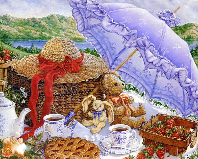 Parasol Picnic, rabbit, food, umbrella, picnic, tea, hat, teapot, bonnet, purple, teacups, mountains, strawberries, pie, parasol, teddy bear, HD wallpaper