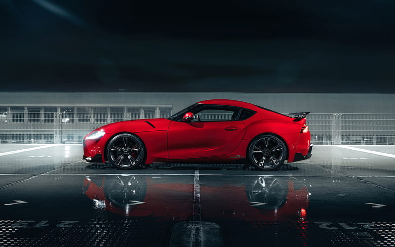 2019, Toyota GR Supra, AC Schnitzer, A90, side view, exterior, red sports coupe, new red Supra, japanese cars, Toyota, HD wallpaper