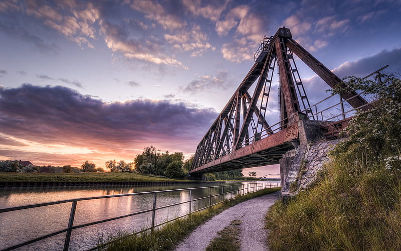 Ludinghausen, old iron bridge, sunset, evening, railway bridge, North Rhine-Westphalia, Germany, HD wallpaper