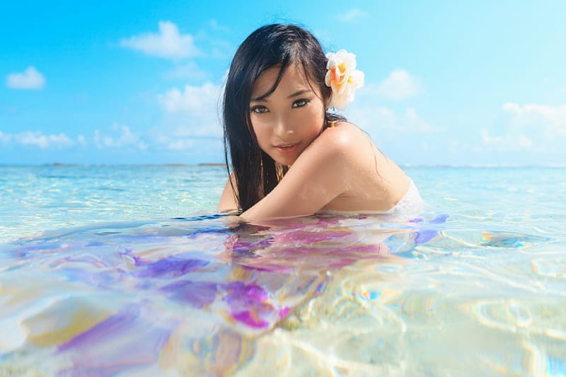 Beauty in water, girl, posture, asian, beauty, eyes, HD wallpaper