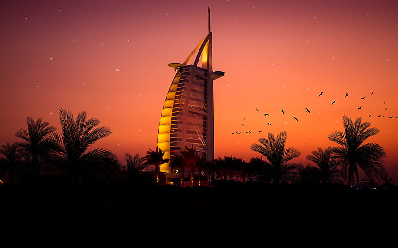 Burj Al Arab sunset, Dubai, UAE, United Arab Emirates, HD wallpaper