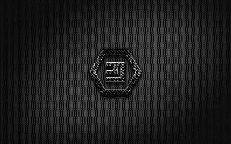 Emercoin black logo, cryptocurrency, grid metal background, Emercoin, artwork, creative, cryptocurrency signs, Emercoin logo, HD wallpaper