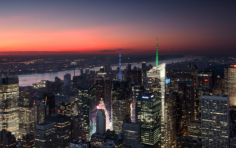 Manhattan Times Square, sunset, NYC, America, modern buildings, New York, USA, HD wallpaper