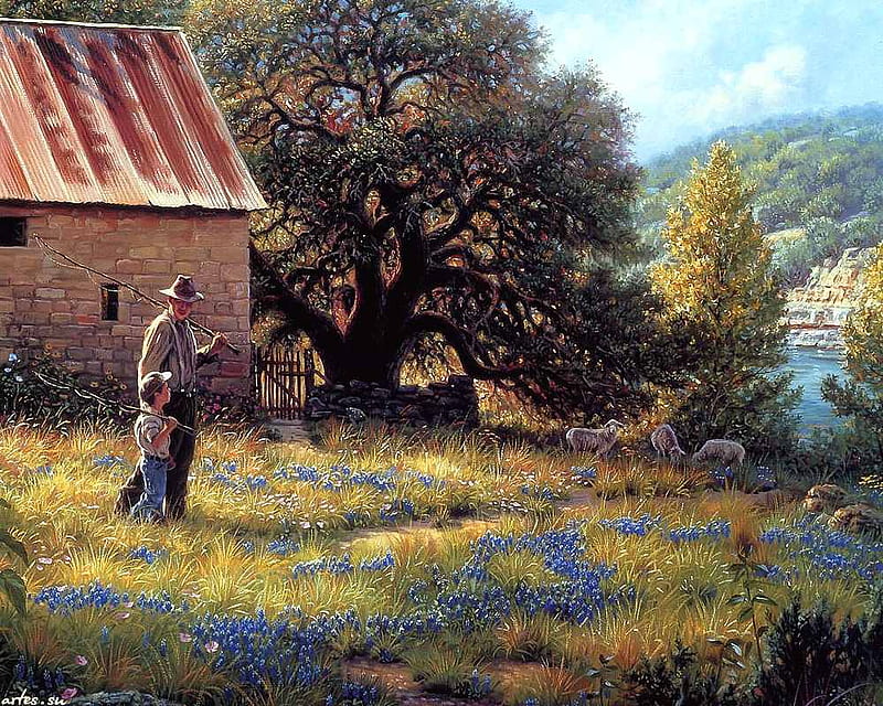 Mark Keathley, art, house, boy, grass, painting, child, man, HD wallpaper