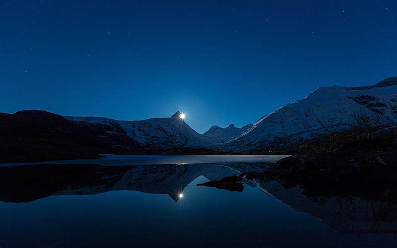 Moon Behind Mountain Reflection, Moon, relax, Mountain, nature, reflections, lake, meditation, HD wallpaper