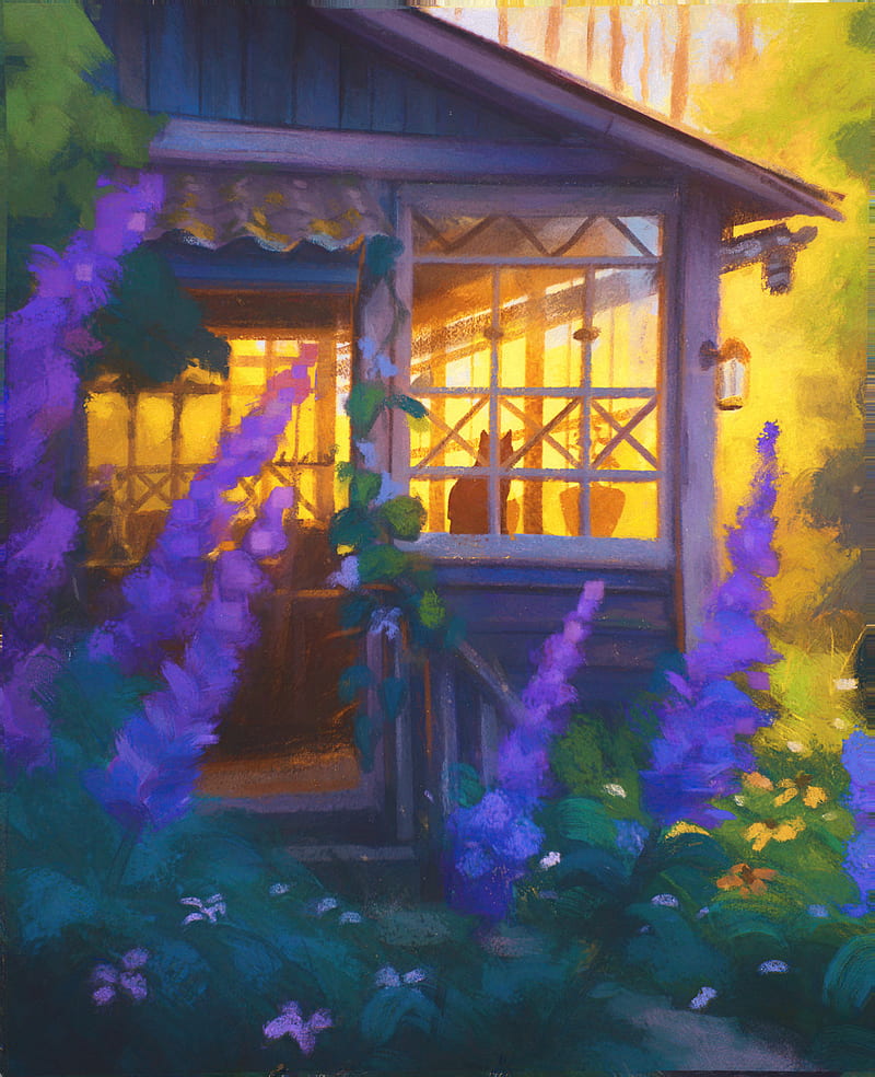 Sylar, painting, artwork, lantern, lavender, cats, flowers, HD phone wallpaper
