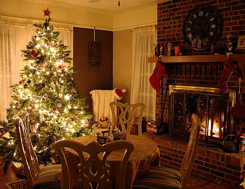 Warm & Cozy, fireplace, home, christmas tree, christmas, HD wallpaper