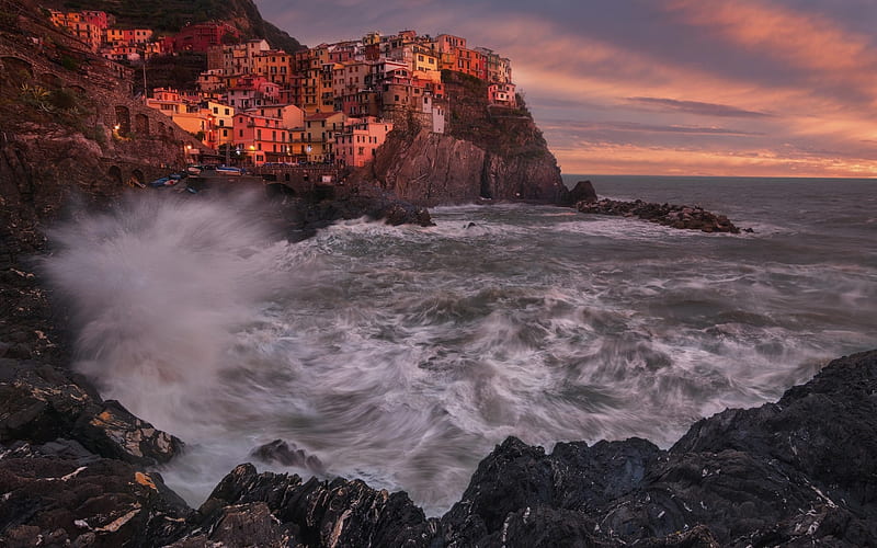 Cinque Terre, Italy, sunset, Mediterranean Sea, waves, Riomaggiore Province, Spezia, HD wallpaper