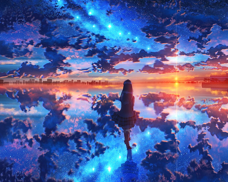 Anime, Original, City, Cloud, Girl, Reflection, Starry Sky, Sunset, HD  wallpaper | Peakpx