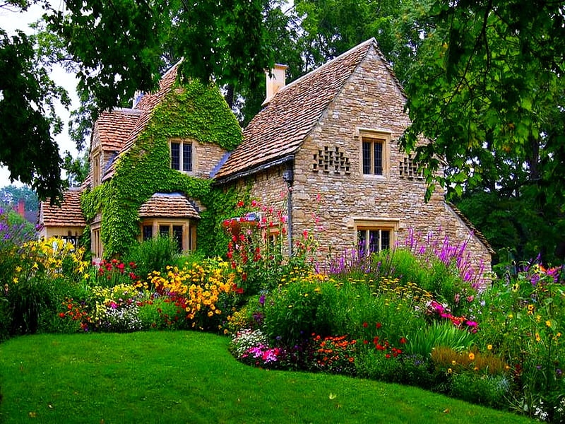 ENGLISH COTTAGE, cottage, flowers, garden, trees, field, HD wallpaper
