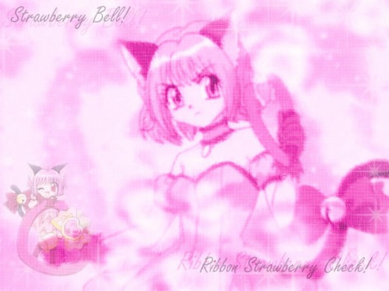 Strawberry Bell Ribbon Strawberry Check!!, black lione cat, ribbon strawberry check, mew mew power, chibi, zoey hanson, tokyo mew mew, ichigo momomiya, anime, pink, strawberry bell, HD wallpaper