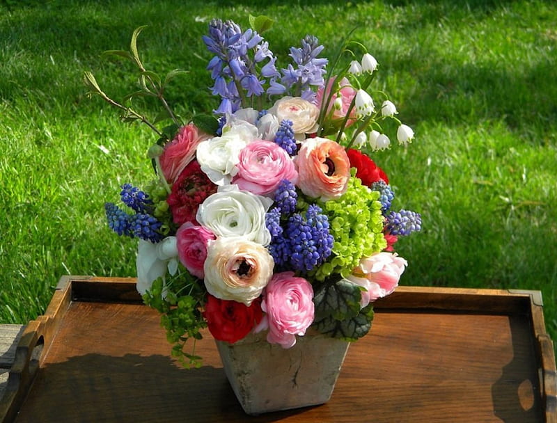 Elegant Centerpiece, table, colorful, centerpiece, hydrangea, roses, peonie, purple, flowers, white, pink, blue, HD wallpaper
