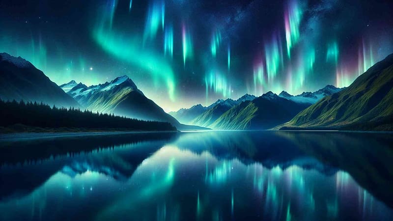 The Southern Lights Dazzle Over New Zealand, lake, digital, art, colors, AI, mountains, reflections, HD wallpaper