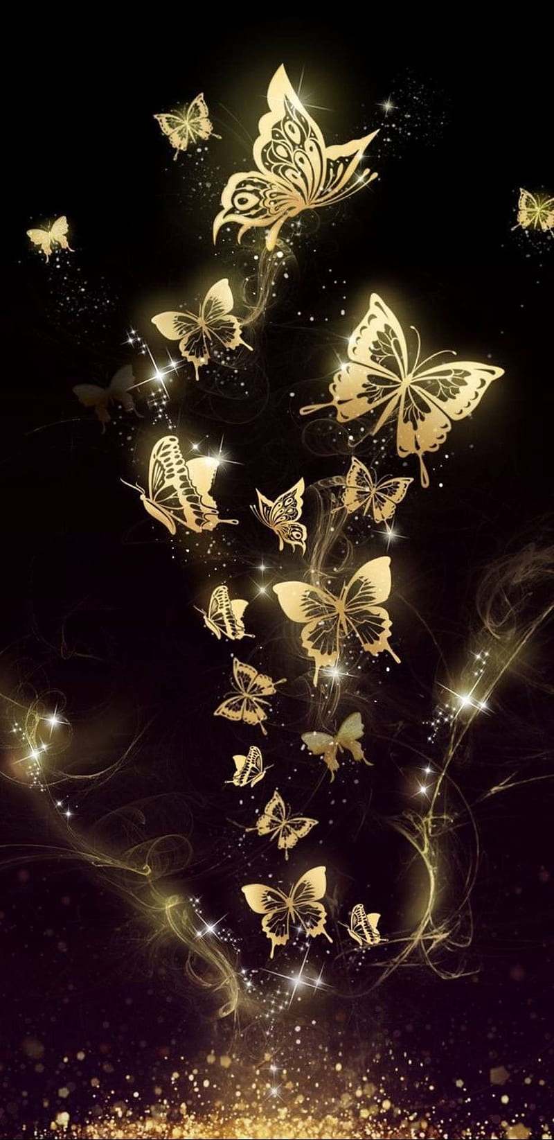 Golden Flutter, butterflies, butterfly, glitter, gold, golden, pretty, HD phone wallpaper