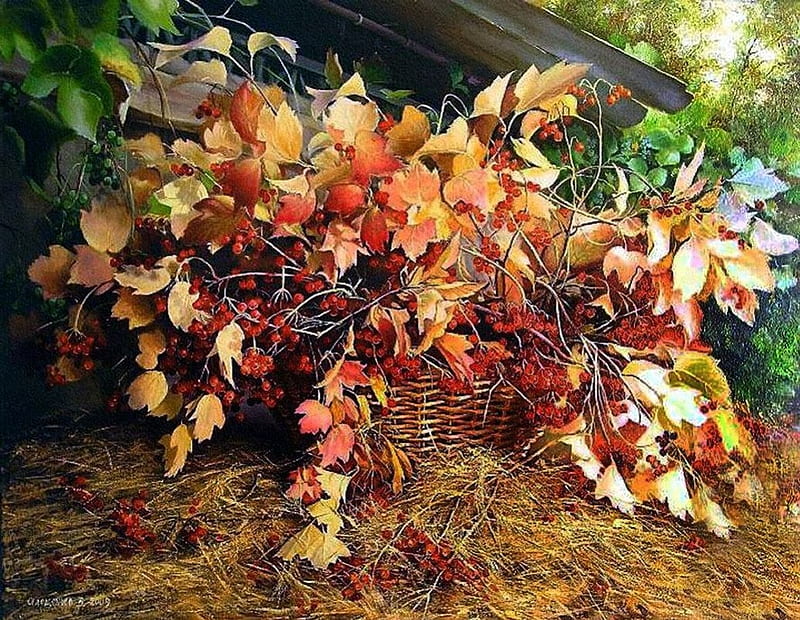 Aleshchenko Valery. Viburnum Autumn (oil on canvas), aleshchenko valery, art, autumn, oil, basket, HD wallpaper