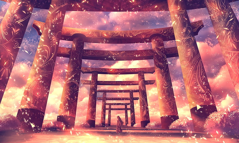 anime landscape, torii, shrine, anime girl, scenery, clouds, kimono, petals, Anime, HD wallpaper