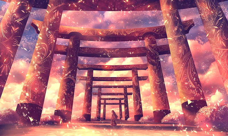 Shrine Gate Night Sky Anime Scenery 4K Wallpaper #6.2588