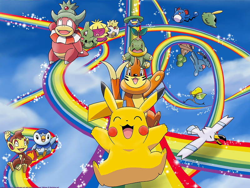 Rainbow is a Pokemon, bellsprout, smoochim, pokemon, rainbow, togepi, piplup, clouds, pikachu, gulpin, merril, lotad, buizel, sky, larvatar, chimchar, bonsly, wingull, turtwig, slowking, wynaut, HD wallpaper